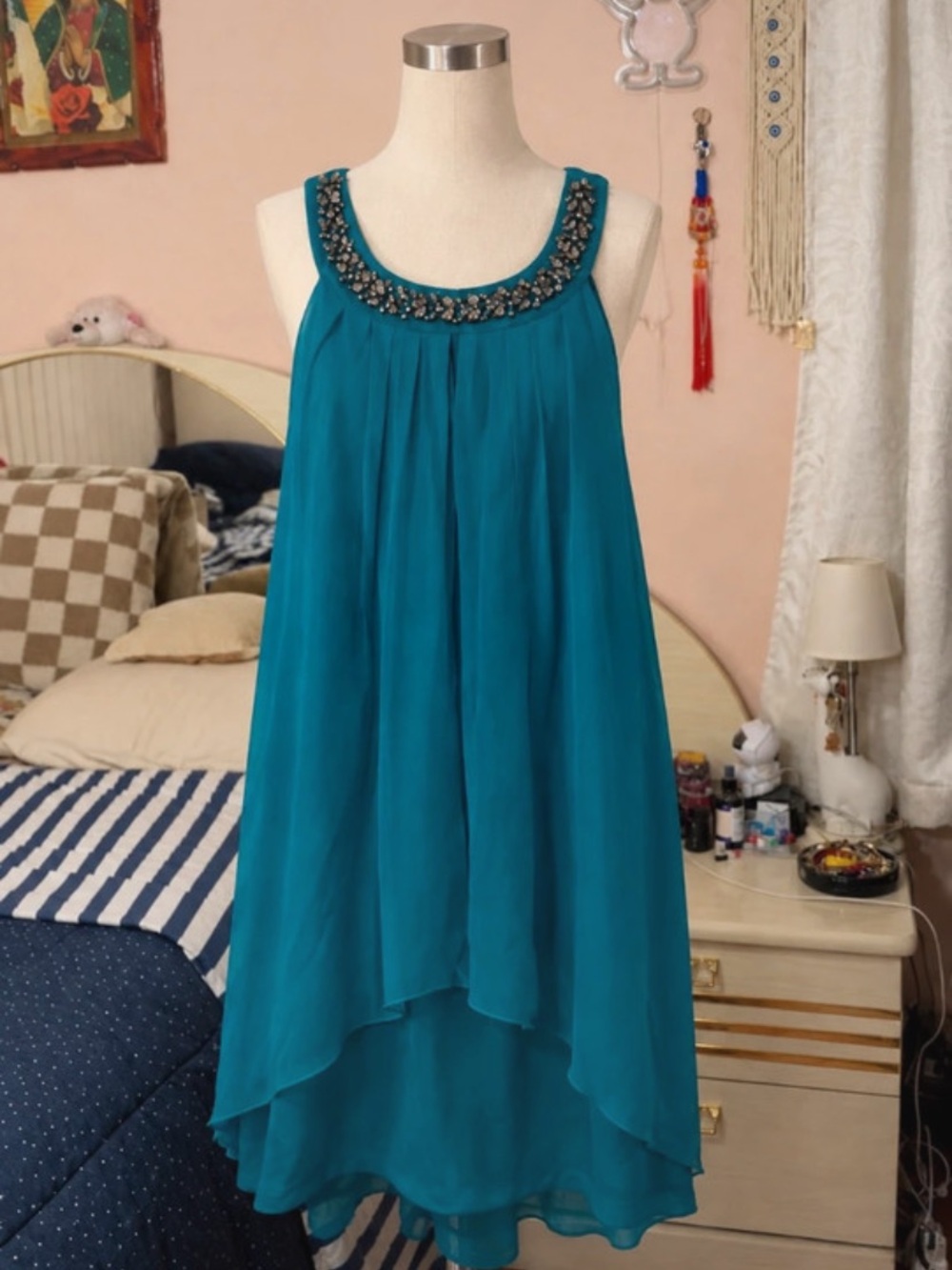 Enfocus Studio Teal Beaded Neckline Sleeveless Dress